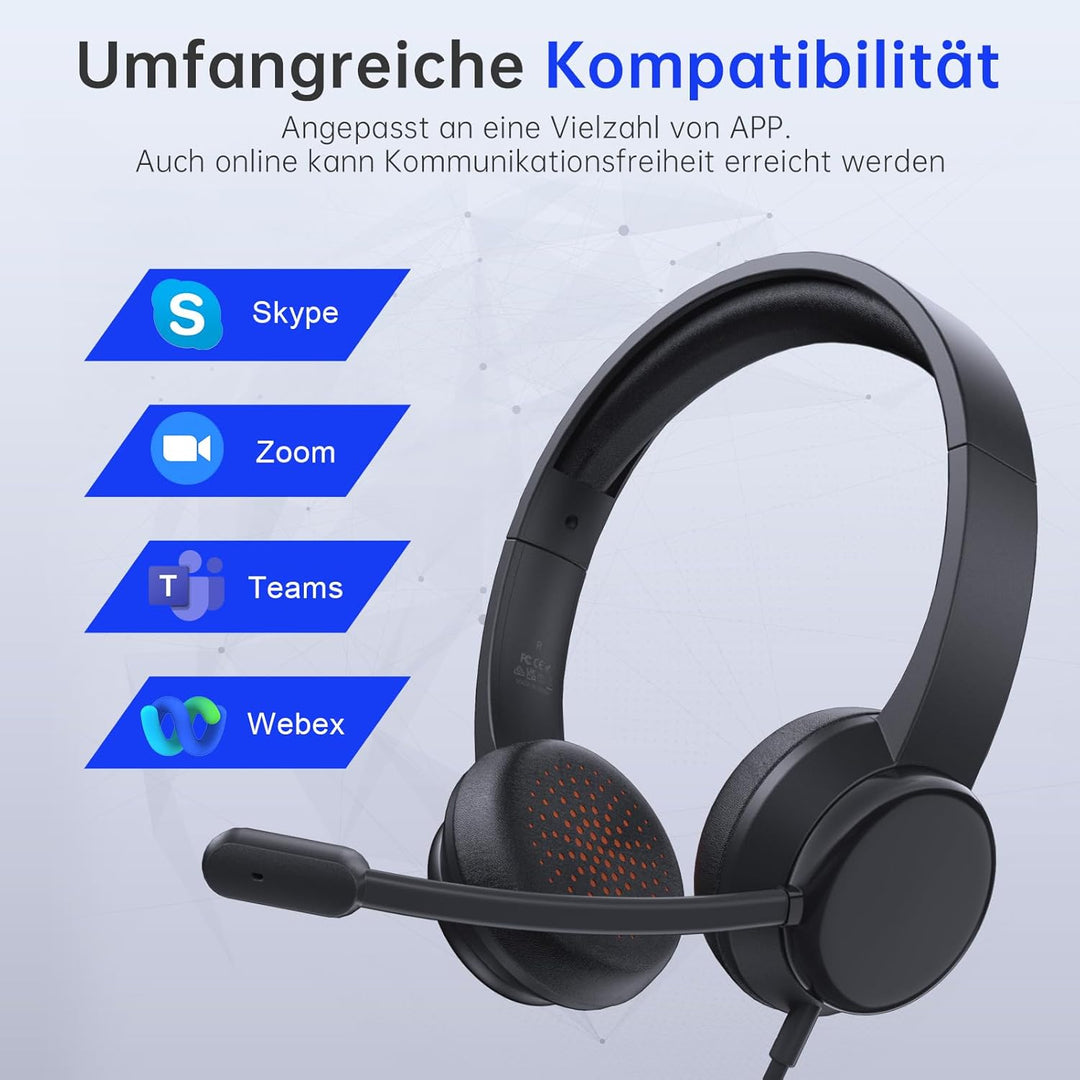 USB Headset mit Mikrofon, Stereo-Headset Noise Cancelling Mikrofon, Kabelgebundenes USB PC Headset f