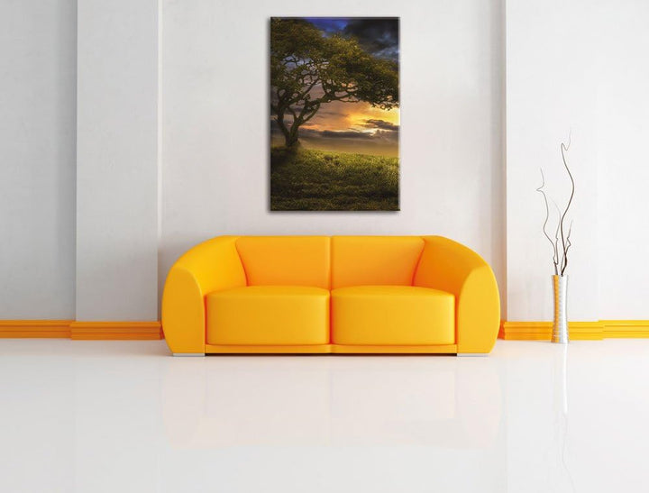 Pixxprint Einsamer Baum schwarz weiss / 100x70cm Leinwandbild bespannt auf Holzrahmen/Wandbild Kunst