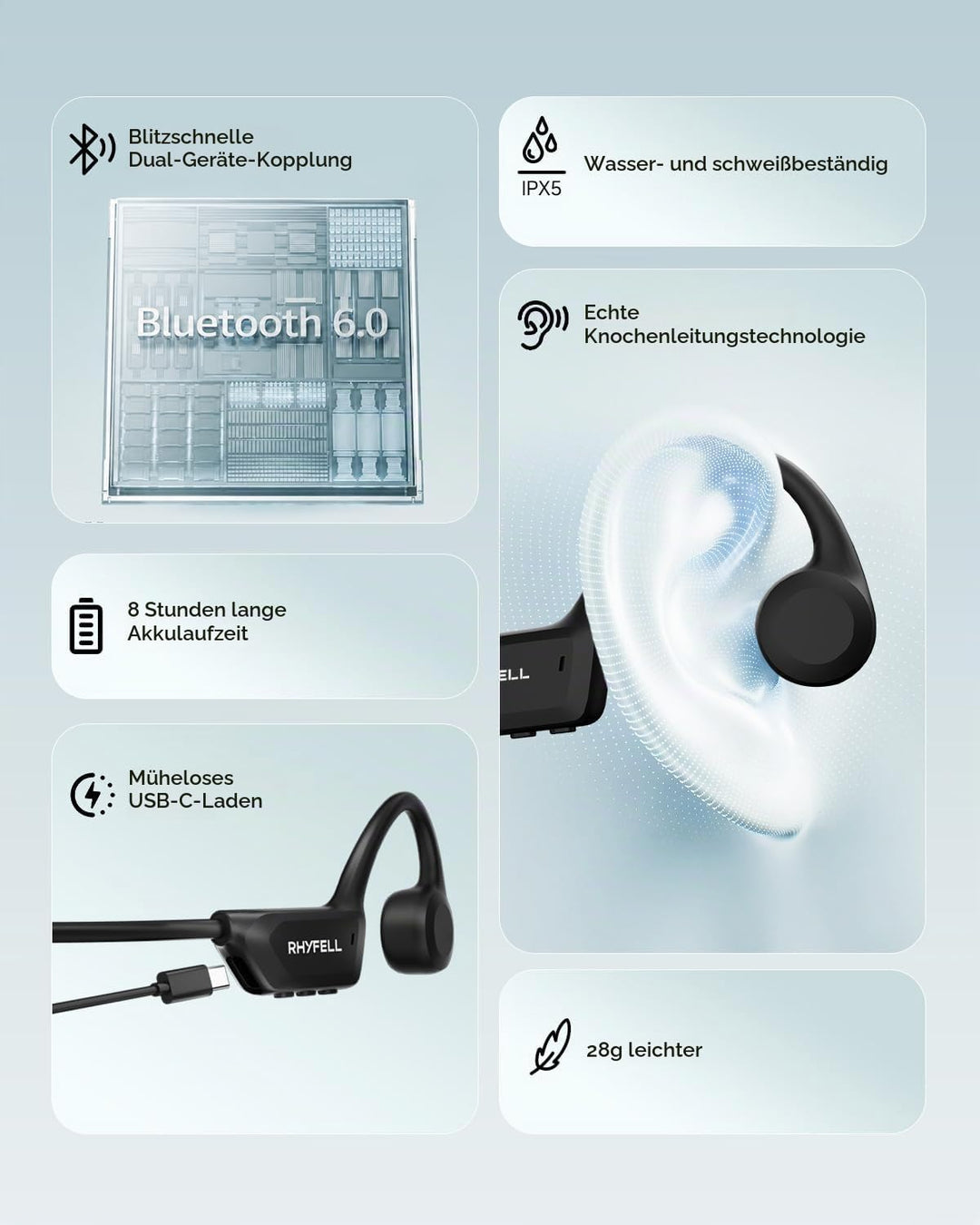 Knochenschall Kopfhörer, Open Ear Bluetooth 6.0 Sportkopfhörer, 8 Std Spielzeit, 28g Ultraleicht, US