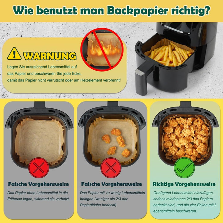 BYKITCHEN 200 Stück Airfryer Backpapier für Chefman/Midea/Cosori Mini Heissluftfritteuse 2L, Airfrye
