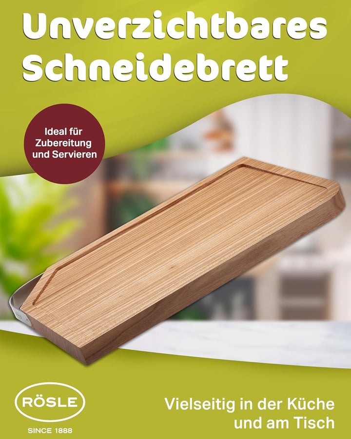 RÖSLE Schneidbrett mit Edelstahlgriff, Hochwertige Schneideunterlage für die Küche zum universellen