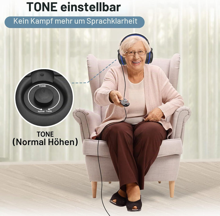 SIMOLIO TV Kopfhörer mit langem Kabel, Over Ear Headset für Fernseher mit Tonverstärkung, Tonregler