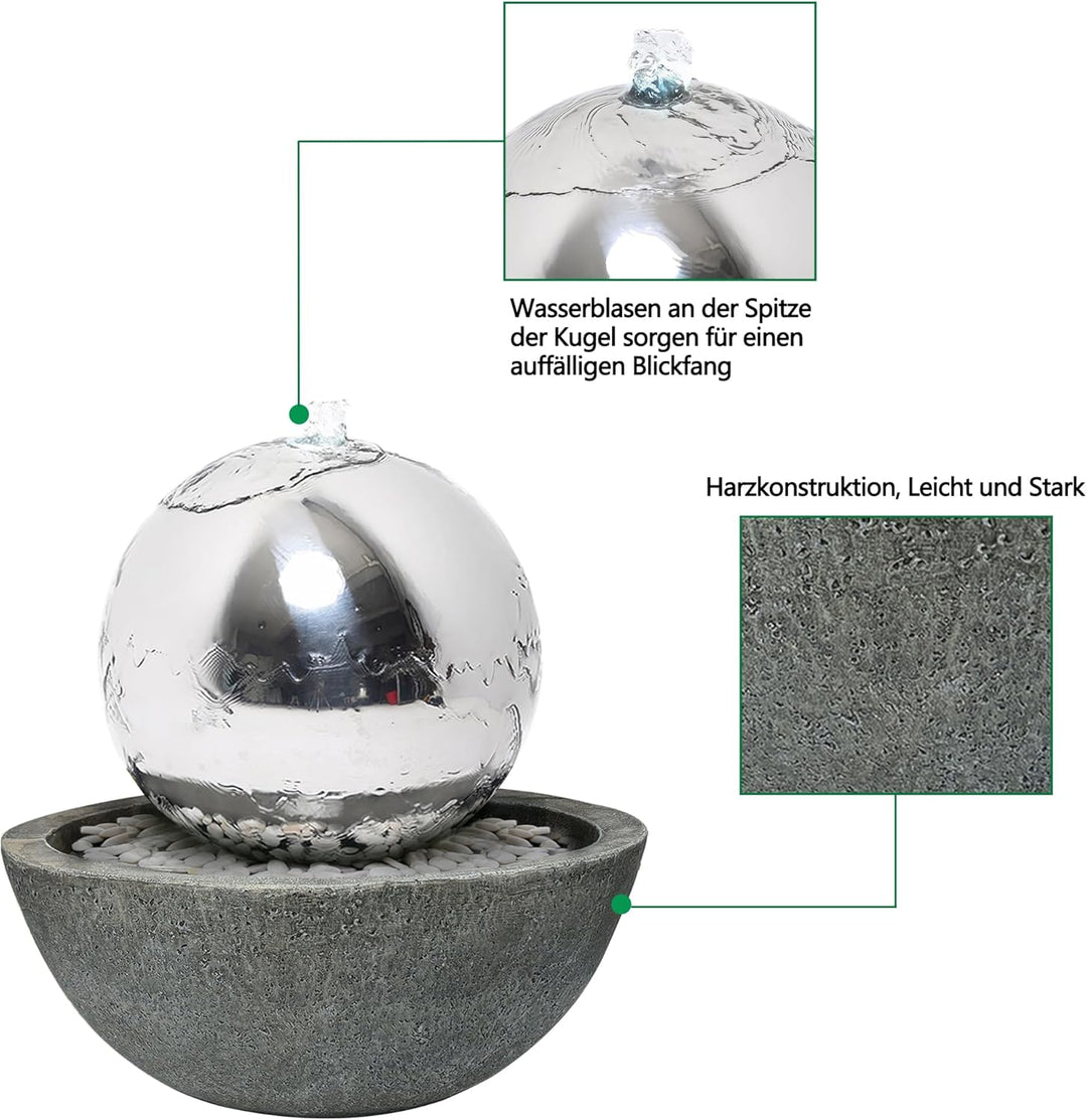 Köhko 30 cm Kugelbrunnen 21008 aus Edelstahl mit LED-Beleuchtung und Harzbecken Durchmesser = 30 cm