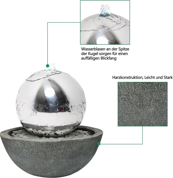 Köhko 30 cm Kugelbrunnen 21008 aus Edelstahl mit LED-Beleuchtung und Harzbecken Durchmesser = 30 cm