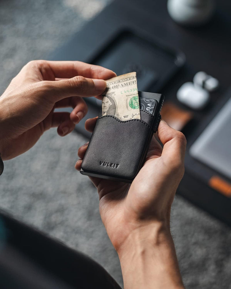 VULKIT Kreditkartenetui Minimalistische Slim Pop Up Geldbörse mit Lederschlitzen RFID-Blockierung fü