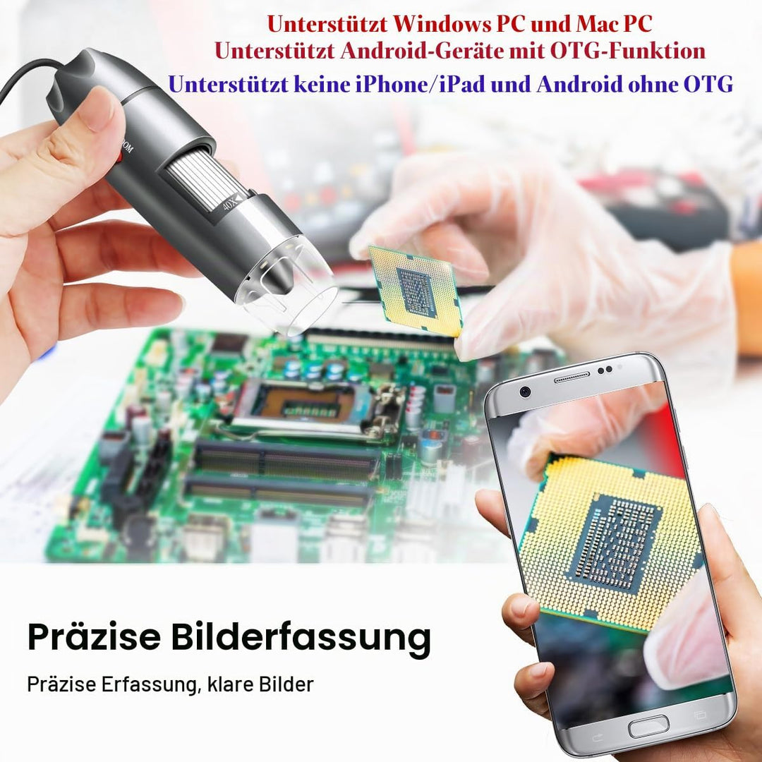 Cainda USB-Mikroskop-Kamera, 40 x bis 1000 x, digitales Mikroskop mit Metallständer und Tragetasche,