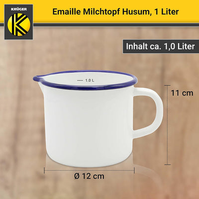 Krüger Emaille-Milchtopf Weiss 12cm, 1 Liter - Topf mit Vollkontaktboden für energiesparendes Kochen