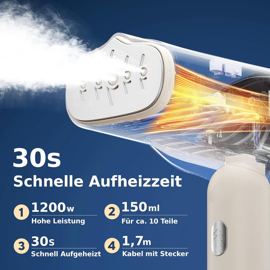 Tragbarer Dampfglätter 1200W, Handdampfer mit 30s Schnellaufheizung, 150ml Wassertank, 90° Faltbar,