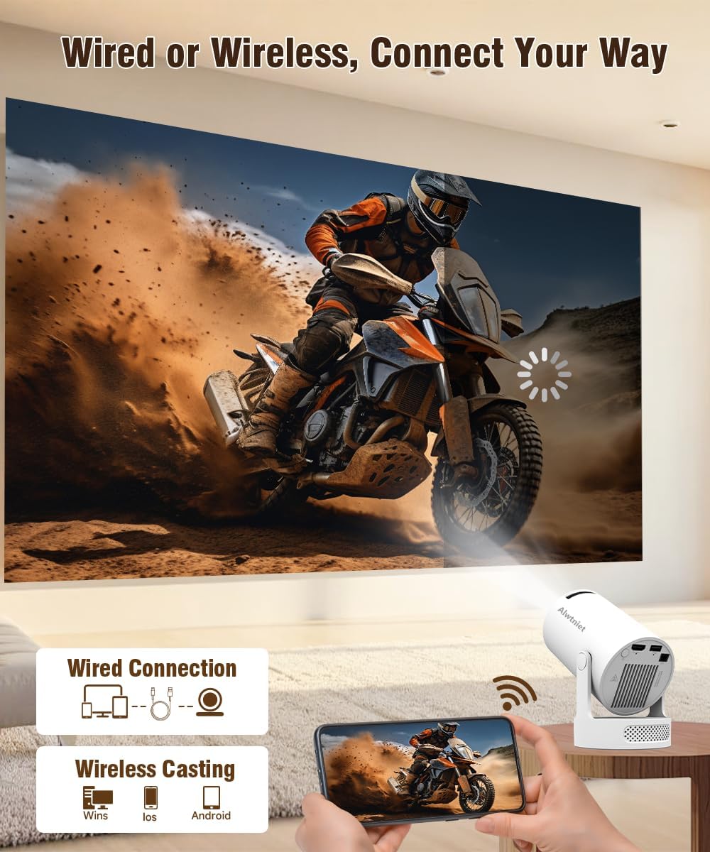 Alwtniet Mini Projektor, Mini Beamer 4K Unterstützt, Wi-Fi 6 und Bluetooth 5.4, 5W Lautsprecher, Aut