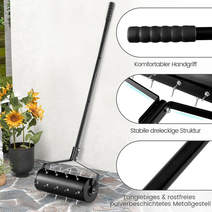 GOPLUS Rasenbelüfter, Handvertikutierer mit Stiel & 3,4cm Nägeln, rollender Aerifizierer, manueller