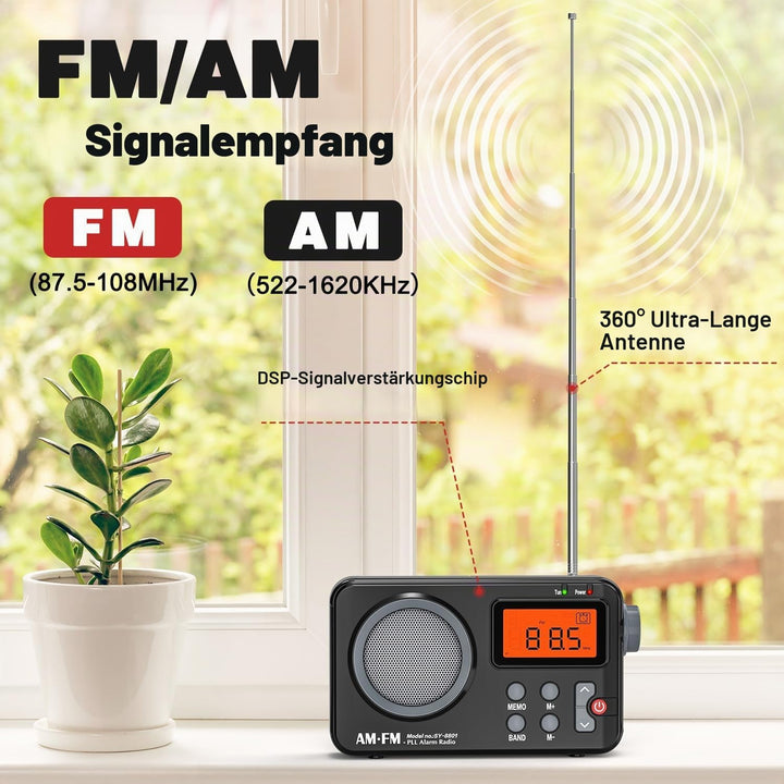 Tendak Radio Batteriebetrieben FM UKW AM, Radio Klein mit Grosses Display/Timing-Funktion/Wecker, Tr
