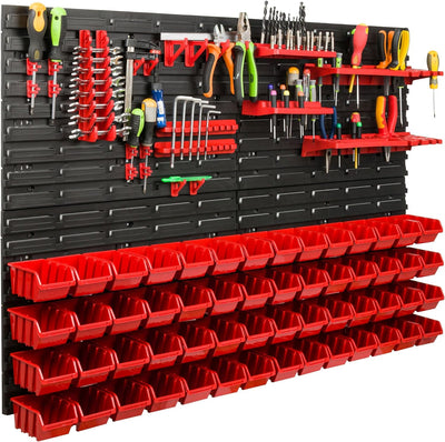 Lagersystem Werkstattregal | 115 x 78 cm | 56 stck. Box | Wandregal mit Werkzeughalterungen und Stap