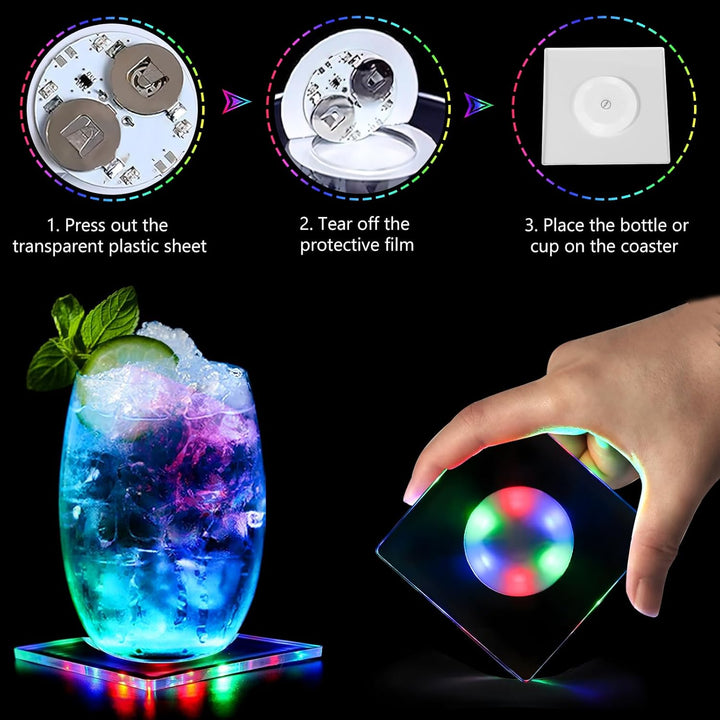 6er Quadratisch Bunt LED Untersetzer für Getränke, 10cm 3 Beleuchtungsmodi Leuchtende Untersetzer, A