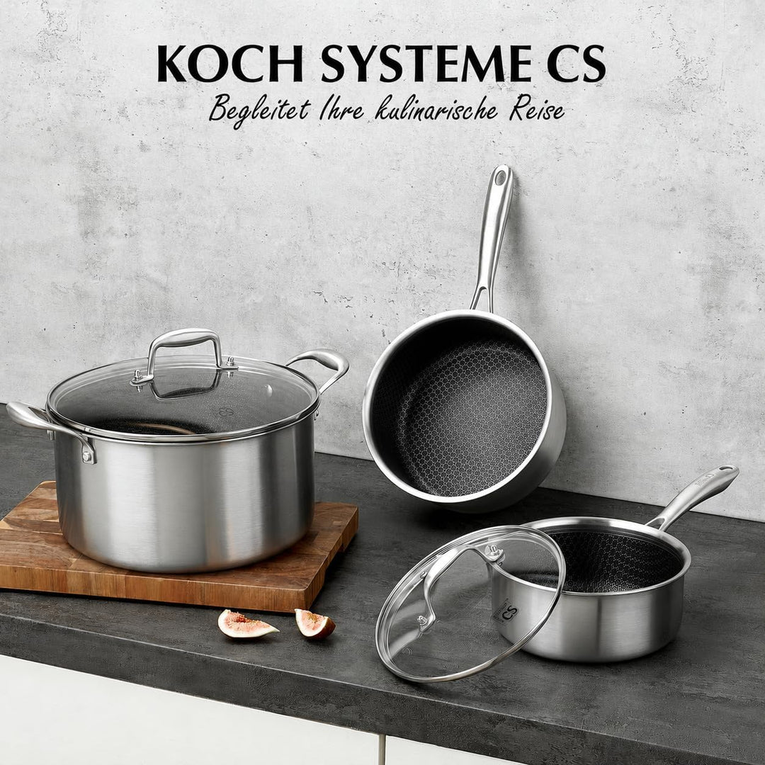 KOCH SYSTEME CS Edelstahl-Topfset 6-teilig mit Glasdeckel,18/20/26 cm, Edelstahl-Kochtopf-Set mit Hy