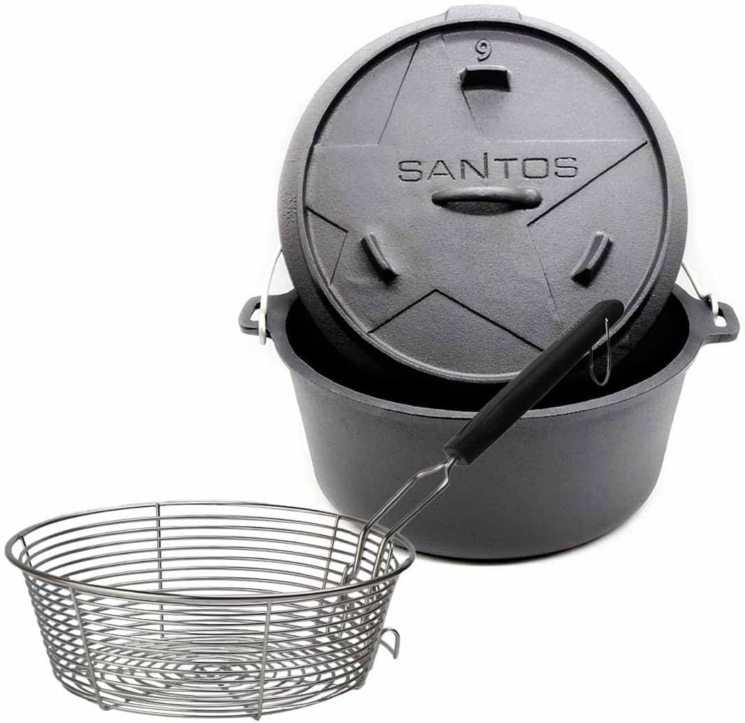 SANTOS Dutch Oven mit Deckel - inkl. Frittierkorb Ø 27,5 x9,5cm - 5,7 L/6 Qt Feuertopf - Gusseisen -