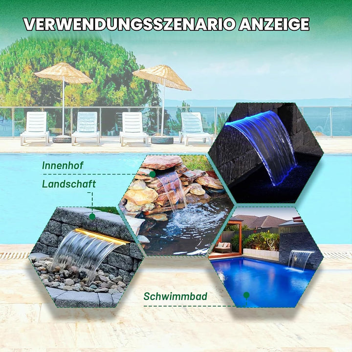 Longrun 60cm Teich Wasserfall Klingen Set, 304 Edelstahl Gebogener Wasserfall mit 7 Farben Bluetooth