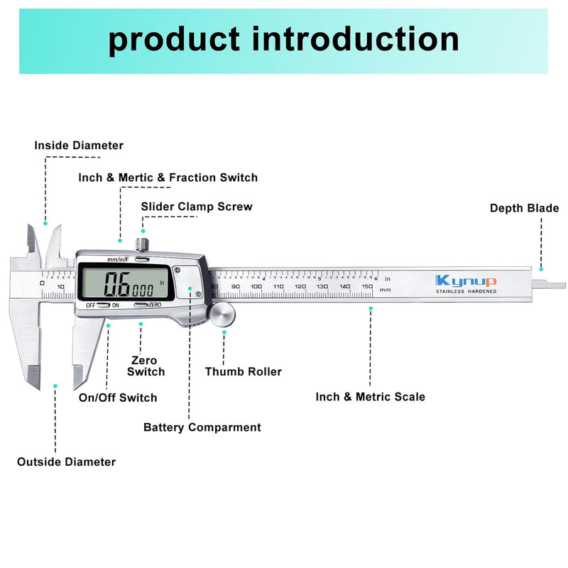Kynup Messschieber Digital, 150 mm Schieblehre Digital Edelstahl, Elektronik Digitaler Messschieber