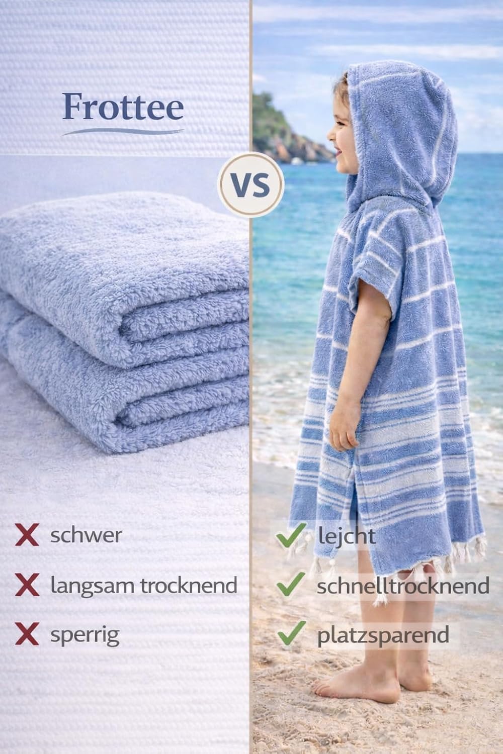 ELY PARKER Strandponcho für Kinder - 100% Baumwolle Strandtuch &amp; Strandkleid - Saugstarkes Badeponch