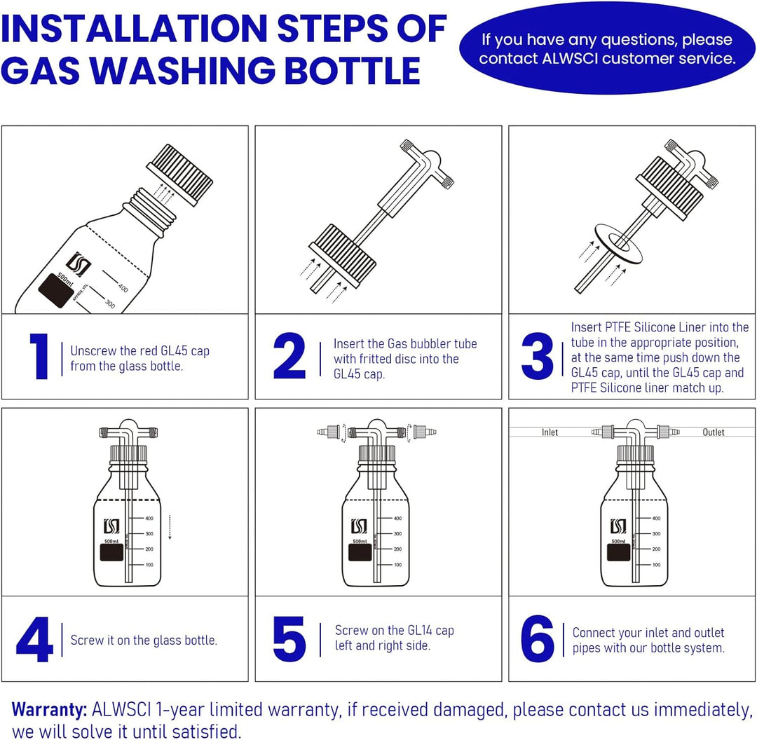 ALWSCI Gaswaschflasche Gas Washing Bottle, 250mL Graduierte Laborpufferflasche, Borosilikatglas-Labo