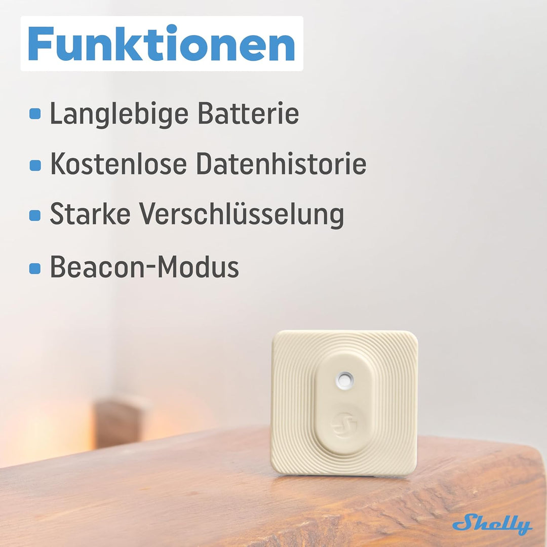 Shelly Blu H&T Ivory | Bluetooth-gesteuerter Temperatur- und Luftfeuchtigkeitssensor | Spritzwasserg