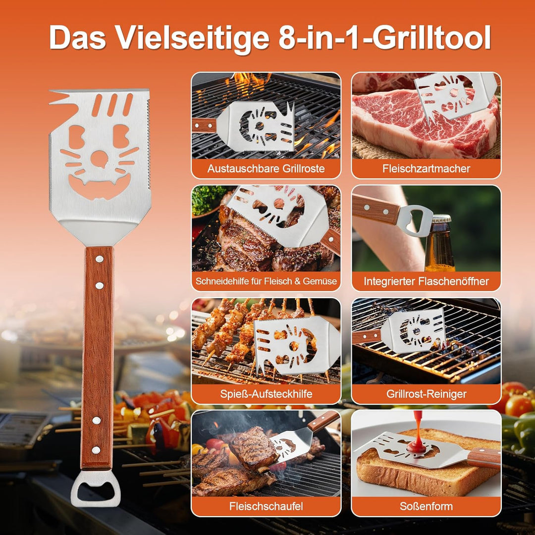 Grillbesteck Set 3-TLG, 8 in 1 BBQ Grillspachtel mit Holzgriff, EdelstahI, 42 * 9.5cm Einzigartige G