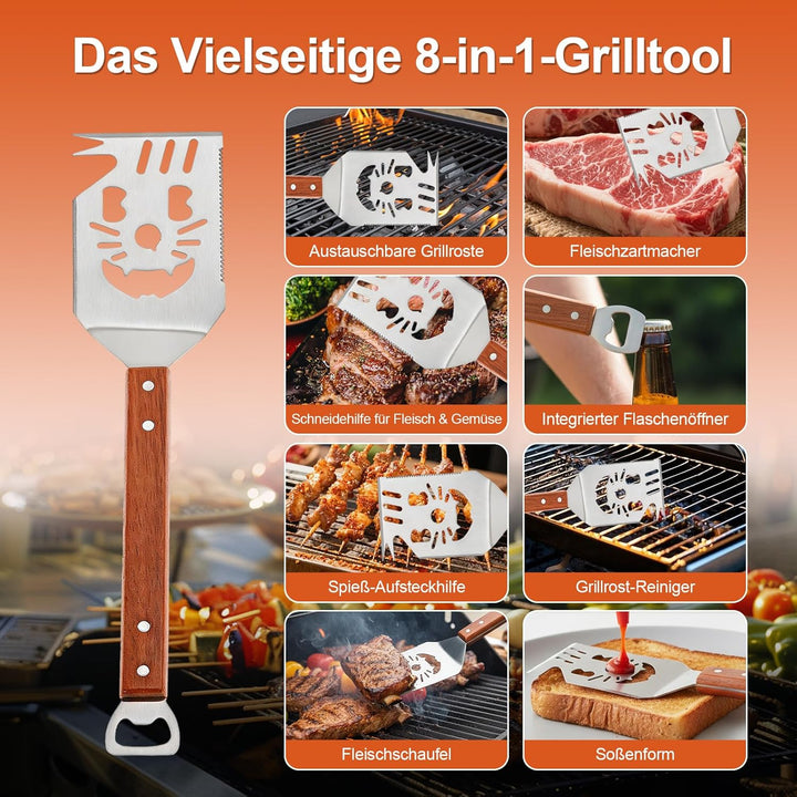 Grillbesteck Set 3-TLG, 8 in 1 BBQ Grillspachtel mit Holzgriff, EdelstahI, 42 * 9.5cm Einzigartige G