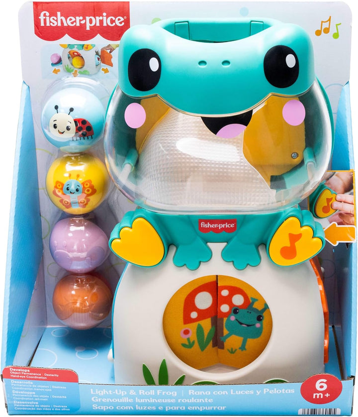 Fisher-Price Babyspielzeug leuchtender und rollender Frosch, musikalischer Kugelspass mit 3 Kugeln,