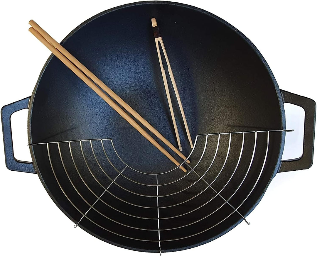 osoltus Wok Gusseisen mit Zubehör Wok-Set mit Deckel 36cm