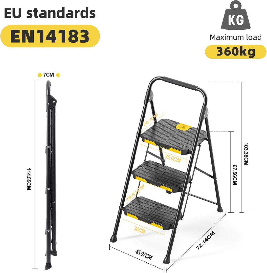 KINGRACK 3 Stufenleiter, 3 Stufen klappbar mit rutschfestem, breitem Pedal und Handläufen, leichte H