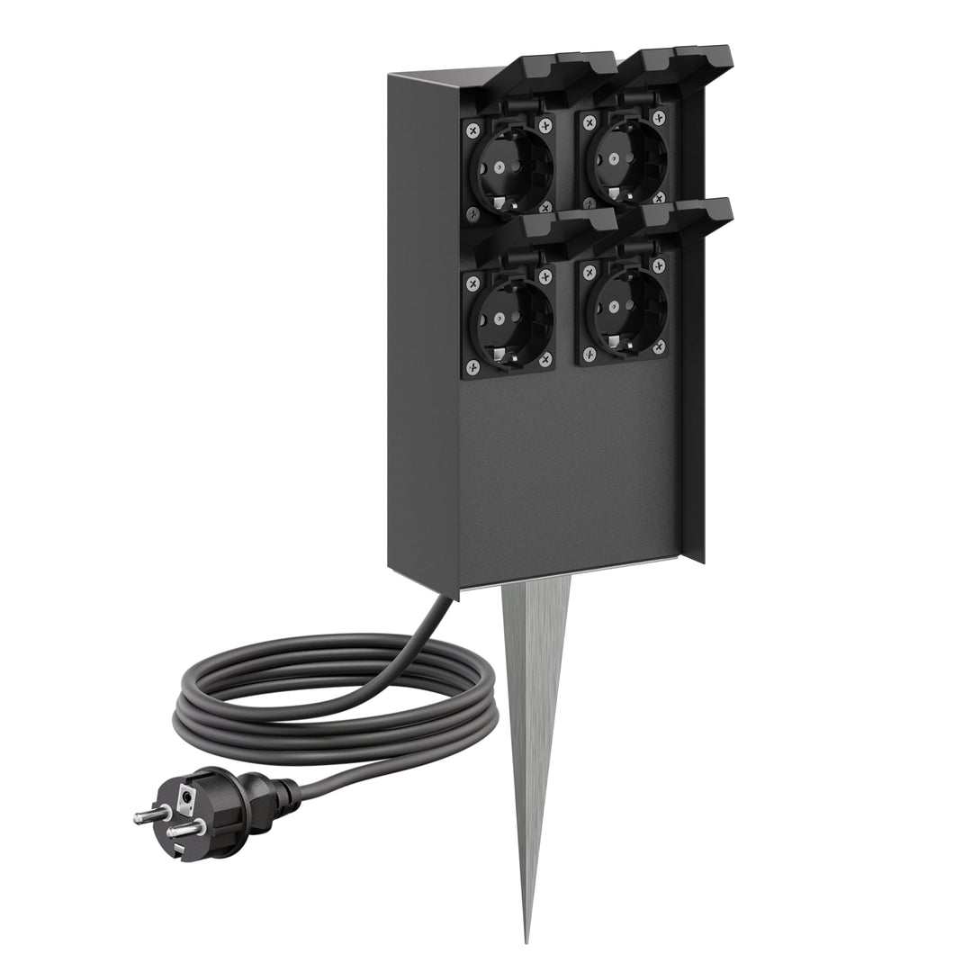 ledscom.de Garten-Steckdosen-Säule POMI mit Erdspiess und 2m Kabel für aussen, IP44, 4-Fach, anthraz