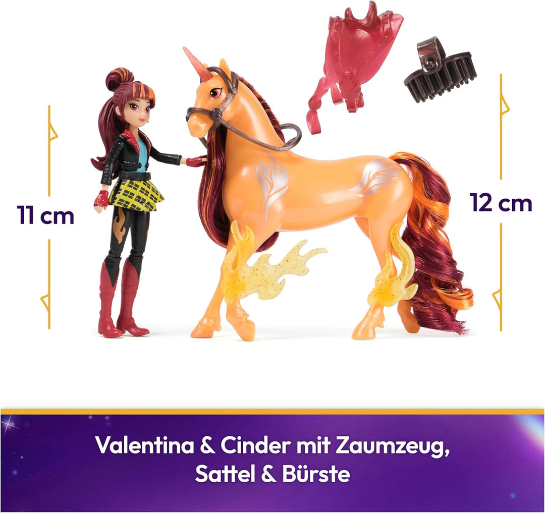 Unicorn Academy Set - Valentina und Einhorn Cinder mit echter Mähne und Schweif sowie Bürste, ca. 12