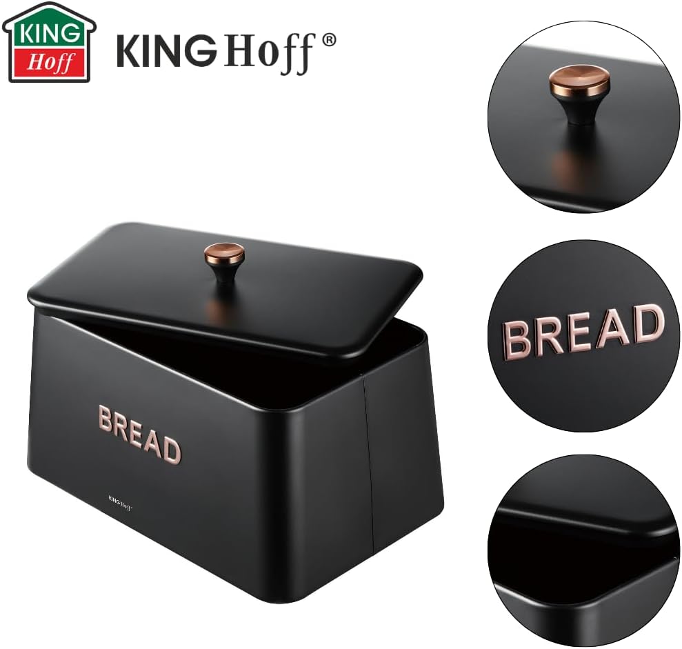 KING HOFF ELEGANTER,MODERNER BROTKASTEN AUS EDELSTAHL LEICHTE KONSTRUKTION GOLDENE AKZENTE (Schwarz)