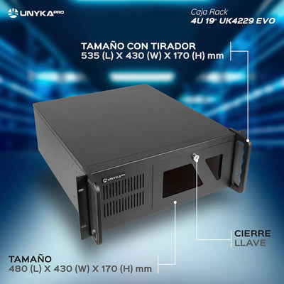 Unykach UK4229 EVO Rack-Gehäuse, Tiefe 480 mm, 2 USB3.0, 1 x 120 mm Lüfter und 2 x 80 mm Lüfter, Sch