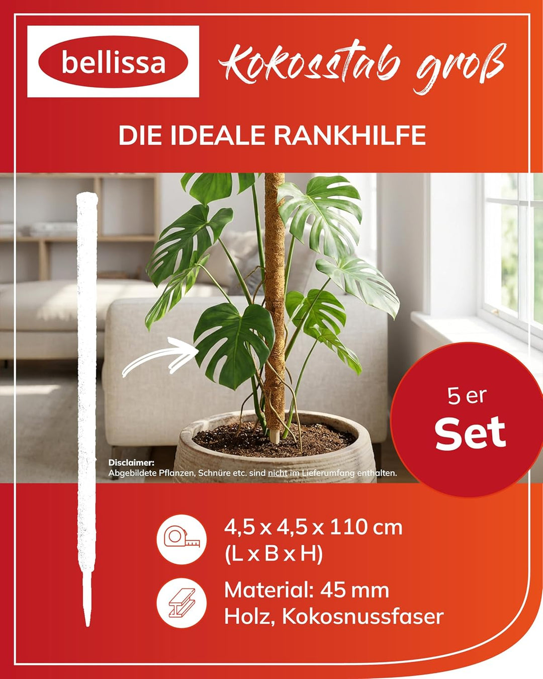 bellissa Kokosstab Pflanzstab Monstera Efeutute Rankhilfe 5er-Set 110 cm | Pflanzenstütze für Garten