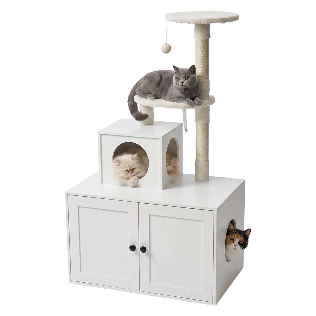 Relaxdays Kratzbaum mit Katzenkloschrank, HBT: 133x78x49 cm, weiss | Sisalstämme &amp; Liegemulde, Holzo