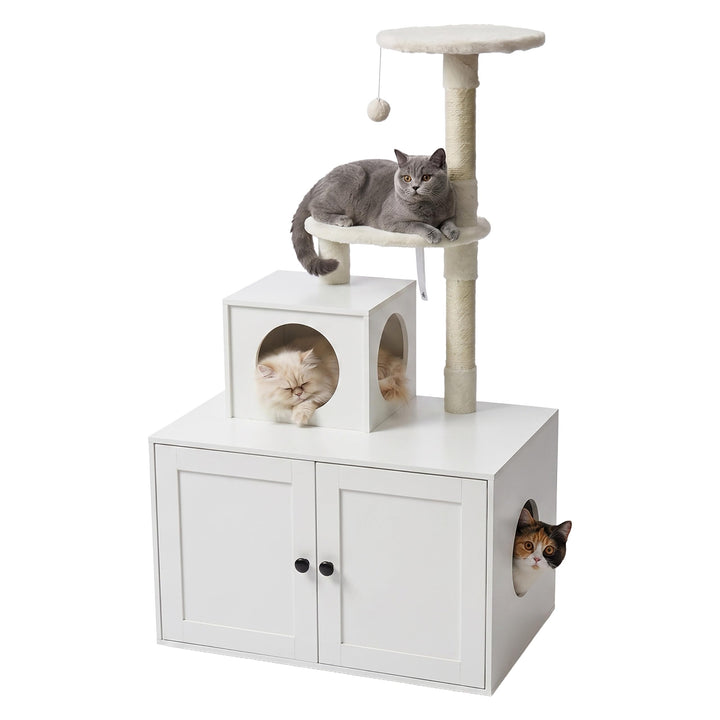 Relaxdays Kratzbaum mit Katzenkloschrank, HBT: 133x78x49 cm, weiss | Sisalstämme &amp; Liegemulde, Holzo
