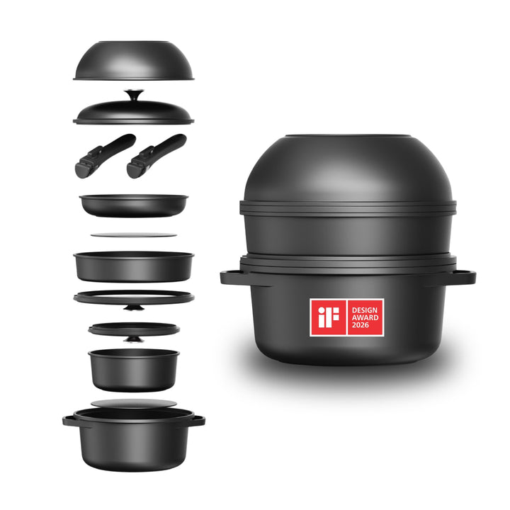 Pro Topf und Pfannenset 12-teilig Induktion, Abnehmbarer Griff, Stapelbar, Platzsparend, Backofenfes