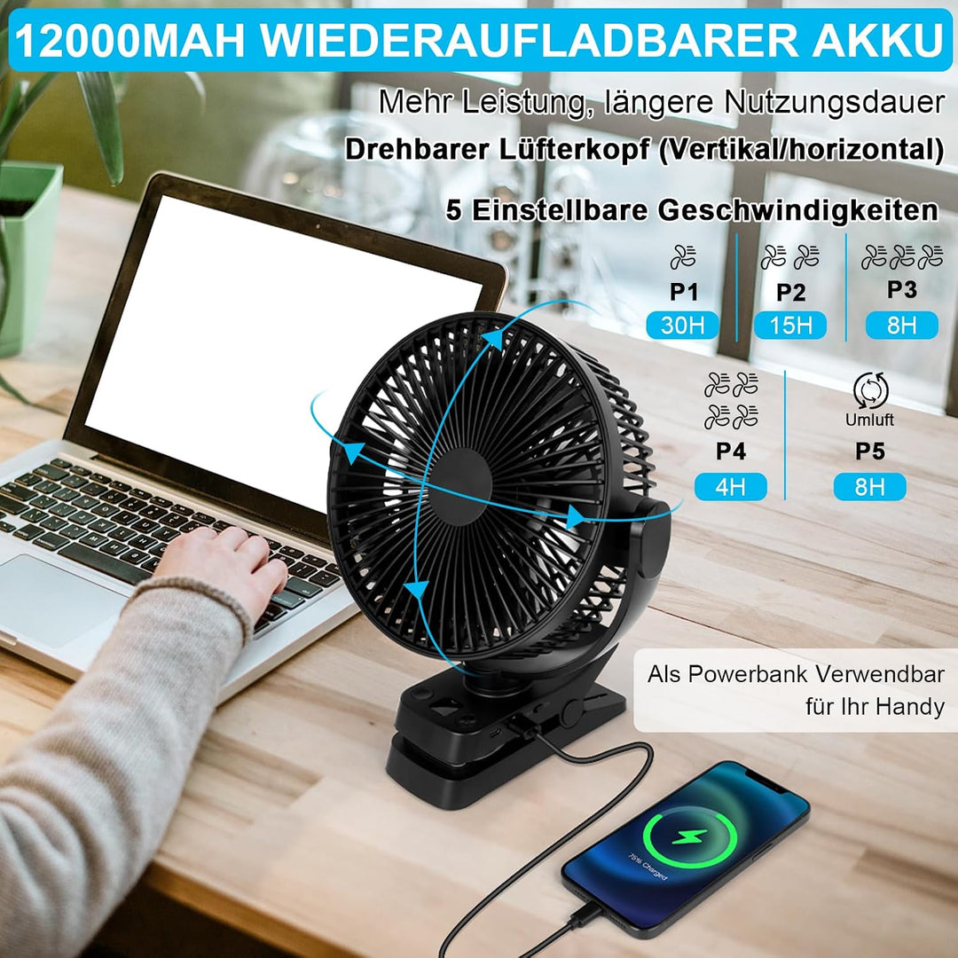ELZO Tischventilatoren Camping Ventilator, 21cm/8.26 Zoll, 12000mAh Wiederaufladbarer USB Ventilator