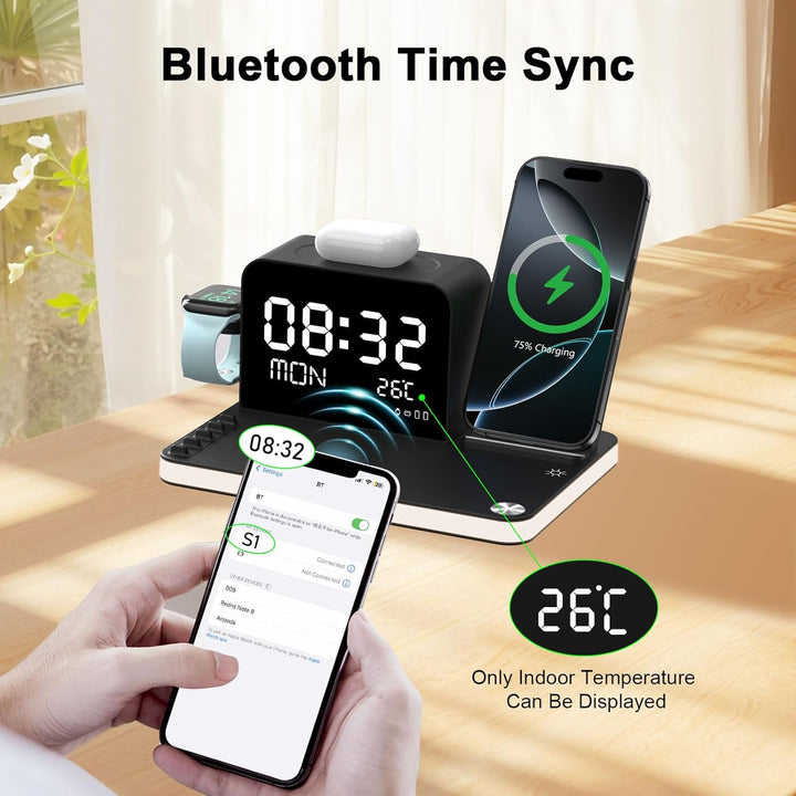 7-in-1 kabelloses Ladegerät mit Uhr, Temperatur & Datum, kompatibel mit iPhone 17/16/15/14/13 Pro Ma