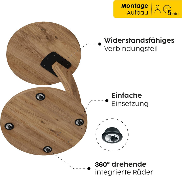sugodesign Couchtisch mit Rollen, Kleiner Beistelltisch C Form, stylischer Sofatisch aus Holz in sch