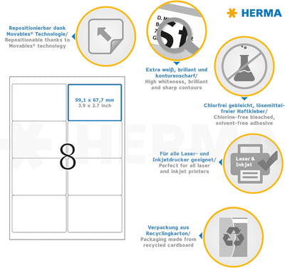 HERMA 10312 Universal Etiketten blickdicht ablösbar, 100 Blatt, 99,1 x 67,7 mm, 8 Stück pro A4 Bogen