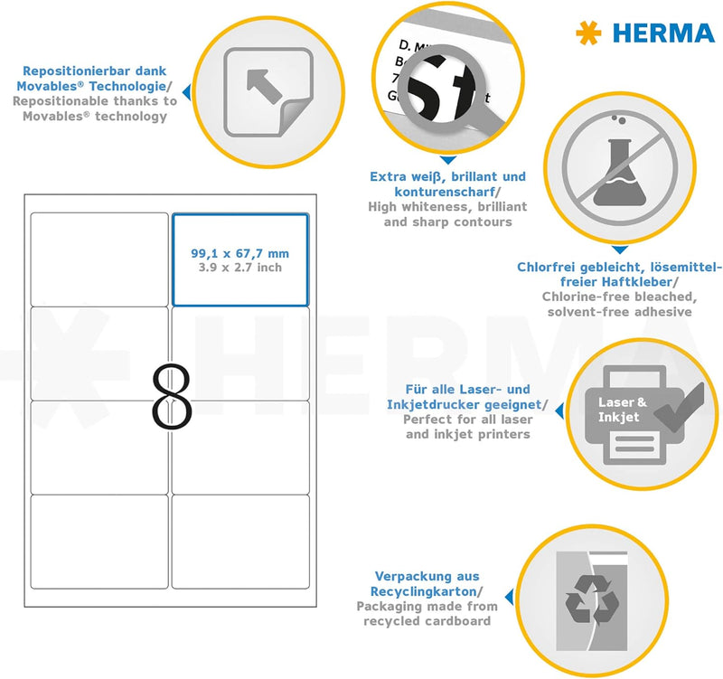 HERMA 10312 Universal Etiketten blickdicht ablösbar, 100 Blatt, 99,1 x 67,7 mm, 8 Stück pro A4 Bogen