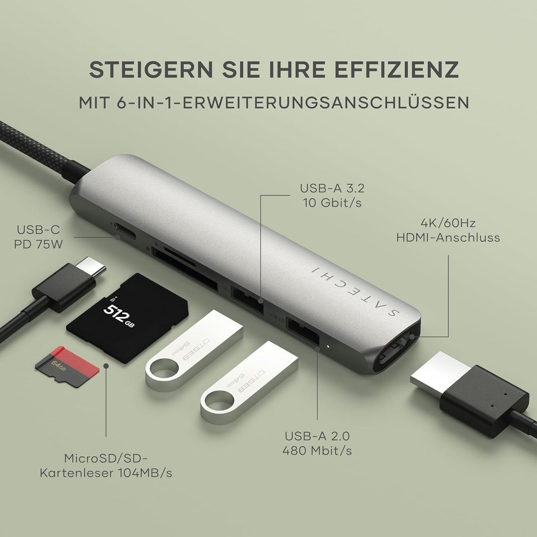 SATECHI 6-in-1 USB-C Hub & Multiport, HDMI 4K mit 60Hz, 100W PD, 2X USB-A, SD/MicroSD – Für MacBook