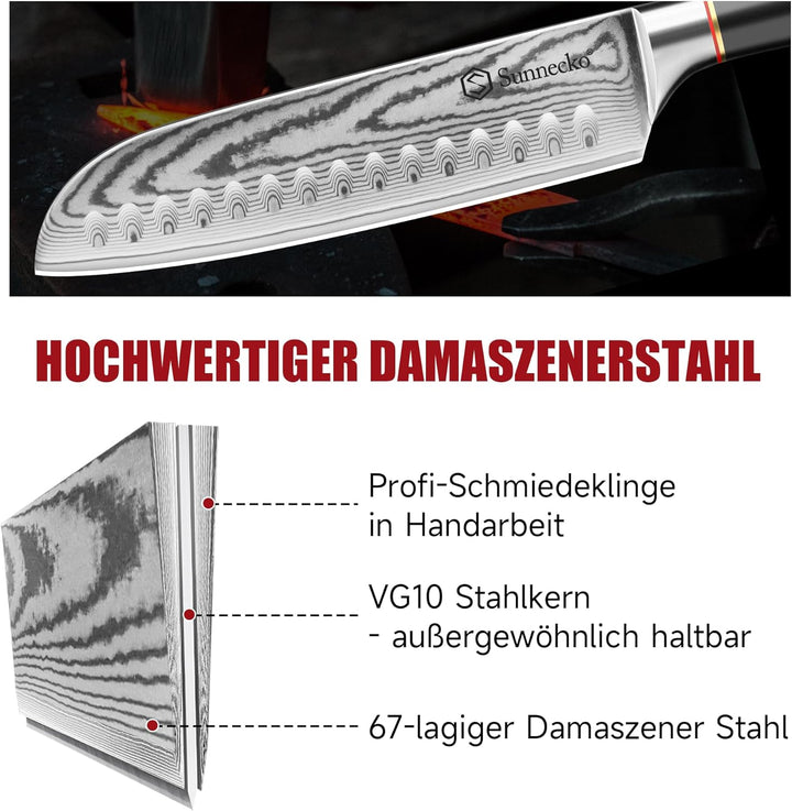 Sunnecko Santoku Messer Damastmesser 17cm, Hochwertiges Küchenmesser aus VG-10 Stahl, Fleischmesser