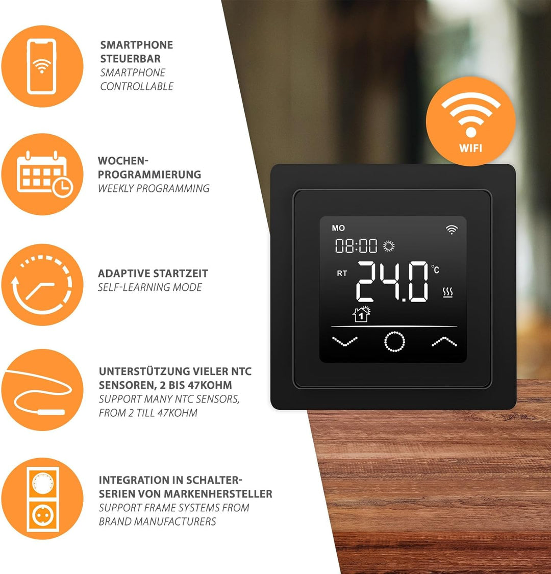 Mi-Heat Mi-750 Raumthermostat WLAN schwarz - Tuya Smart App Alexa Google Home - wassergeführte und e