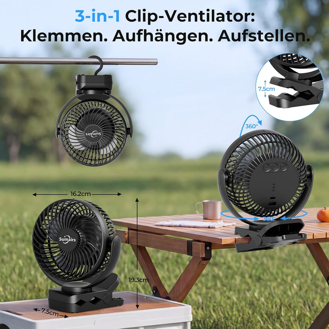 Sumairs 14cm Akku Ventilator,10000mAh Camping Ventilator zum Klemmen,Fernbedienung,LED-Licht,Powerba