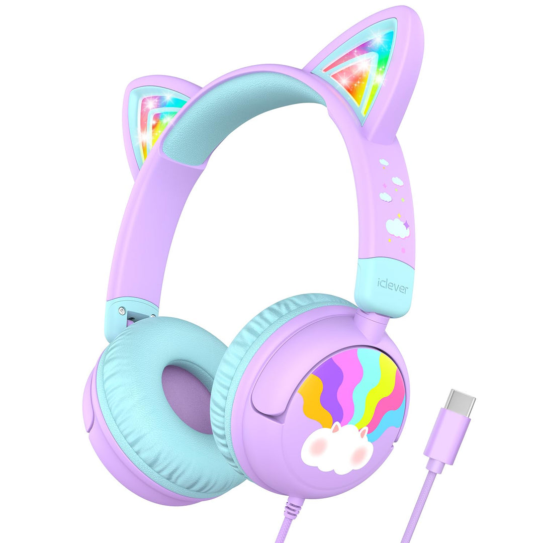 iClever USB Typ C Kinder Kopfhörer, LED Beleuchtetes Katzenohr, 85dBA Sichere Lautstärke, Stereo Sou