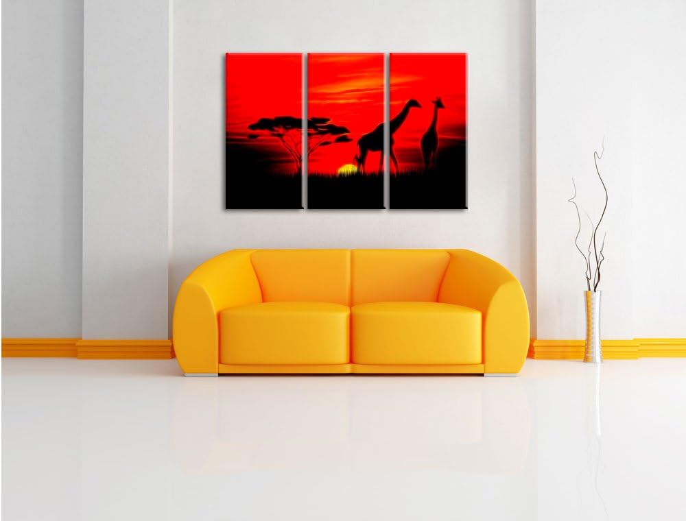 Pixxprint Giraffen im Sonnenuntergang / 3-Teilig/Gesamtmass 120cm Leinwandbild bespannt auf Holzrahm