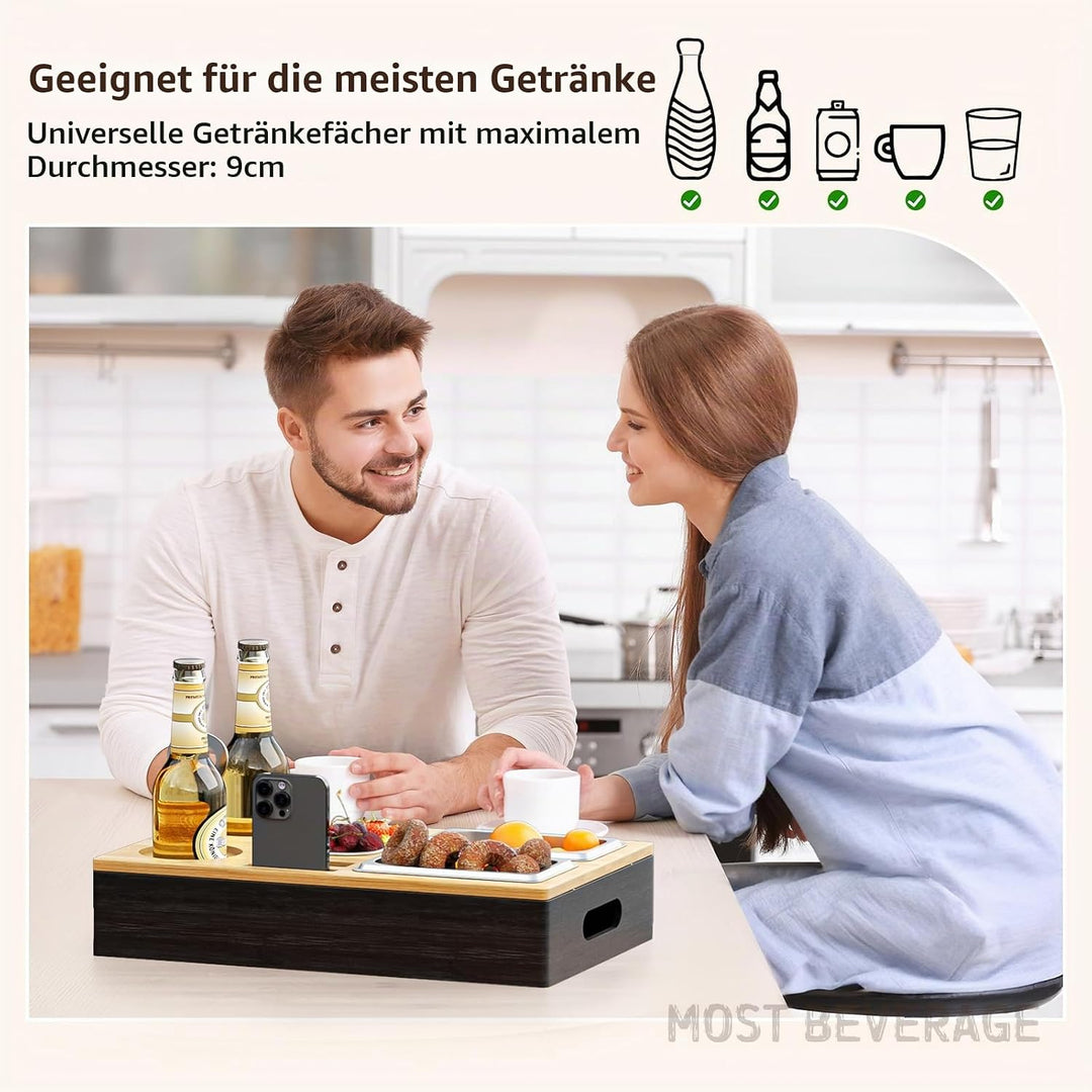 Couchbar Snackbox aus Bambusholz mit 3 Edelstahl-Schalen, Sofa Butler Organizer Tablett mit Getränke