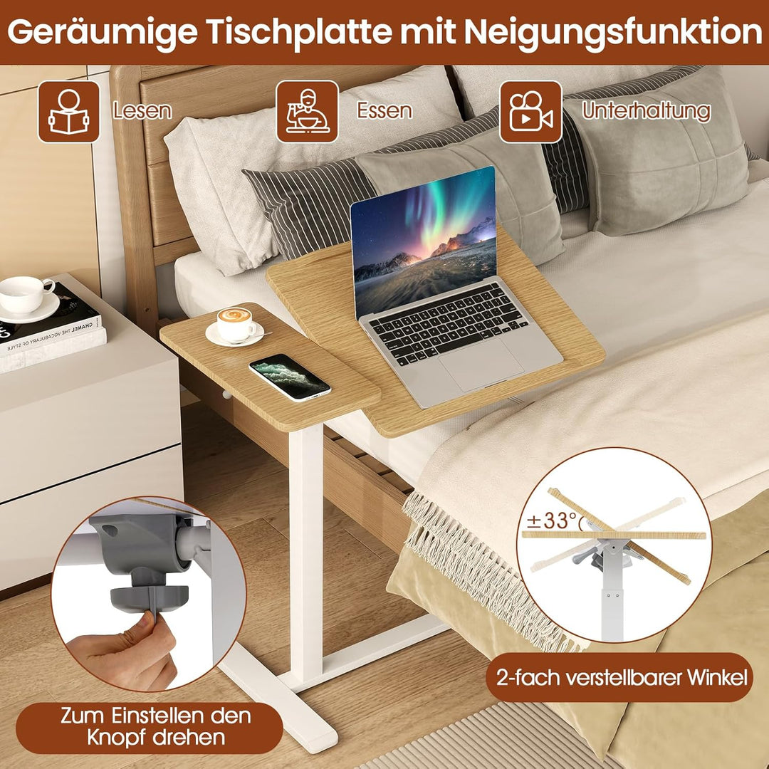 GYMAX Beistelltisch mit 4 versteckten Rädern, Pflegetisch mit neigbarer Tischplatte, höhenverstellba